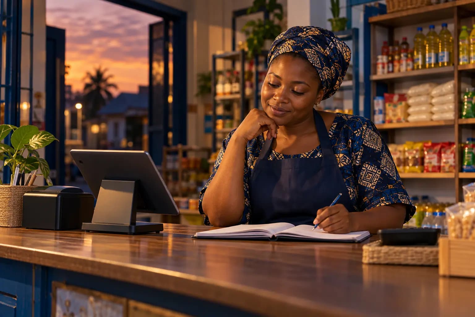 Tanzanian shop owner checking sales at the counter