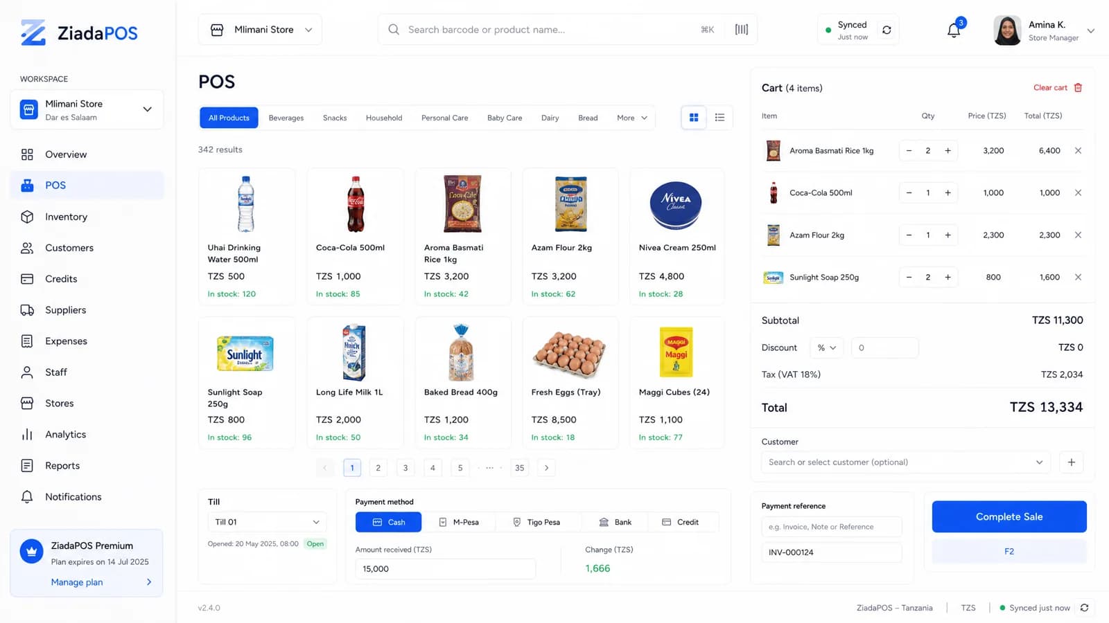 ZiadaPOS checkout with product search, cart, and payment options