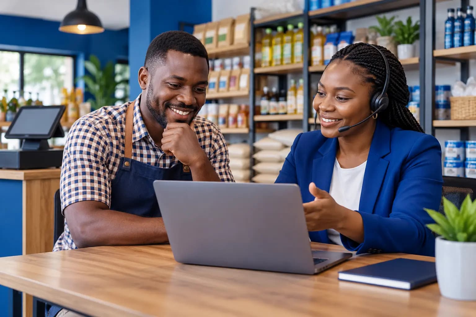 Tanzanian shop owner speaking with a support adviser