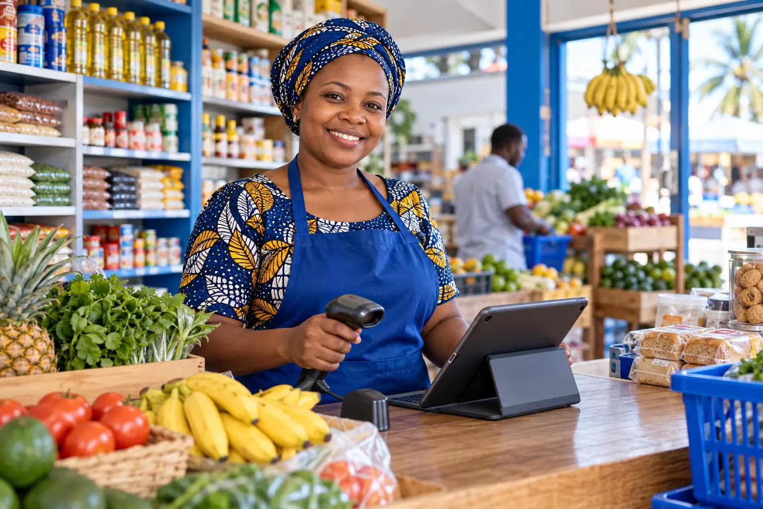 Tanzanian cashier scanning a product at a POS terminal