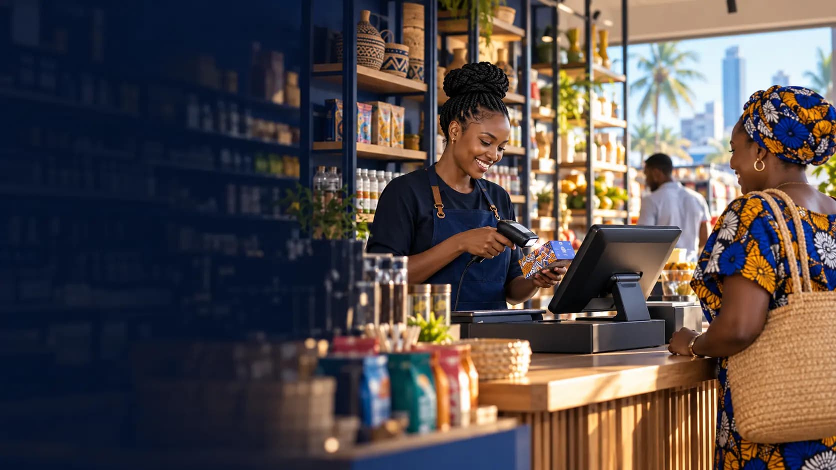 Tanzanian shopkeeper serving a customer at a POS counter
