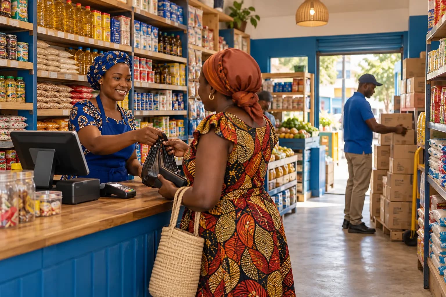 Tanzanian pharmacist helping a customer beside a POS terminal
