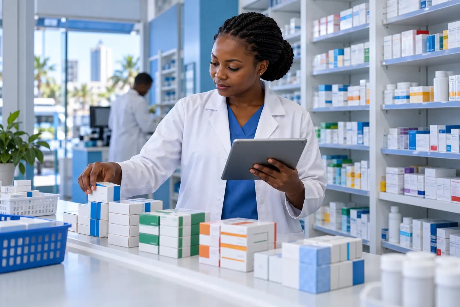 Tanzanian pharmacist helping a customer beside a POS terminal