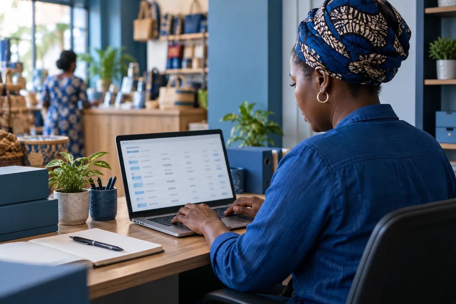 Tanzanian business owner reviewing sales records on a laptop
