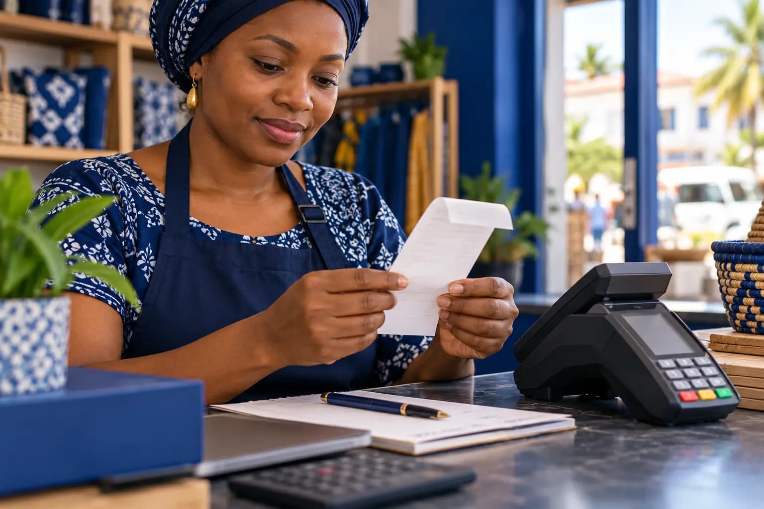 Shop owner reviewing a receipt beside a POS terminal