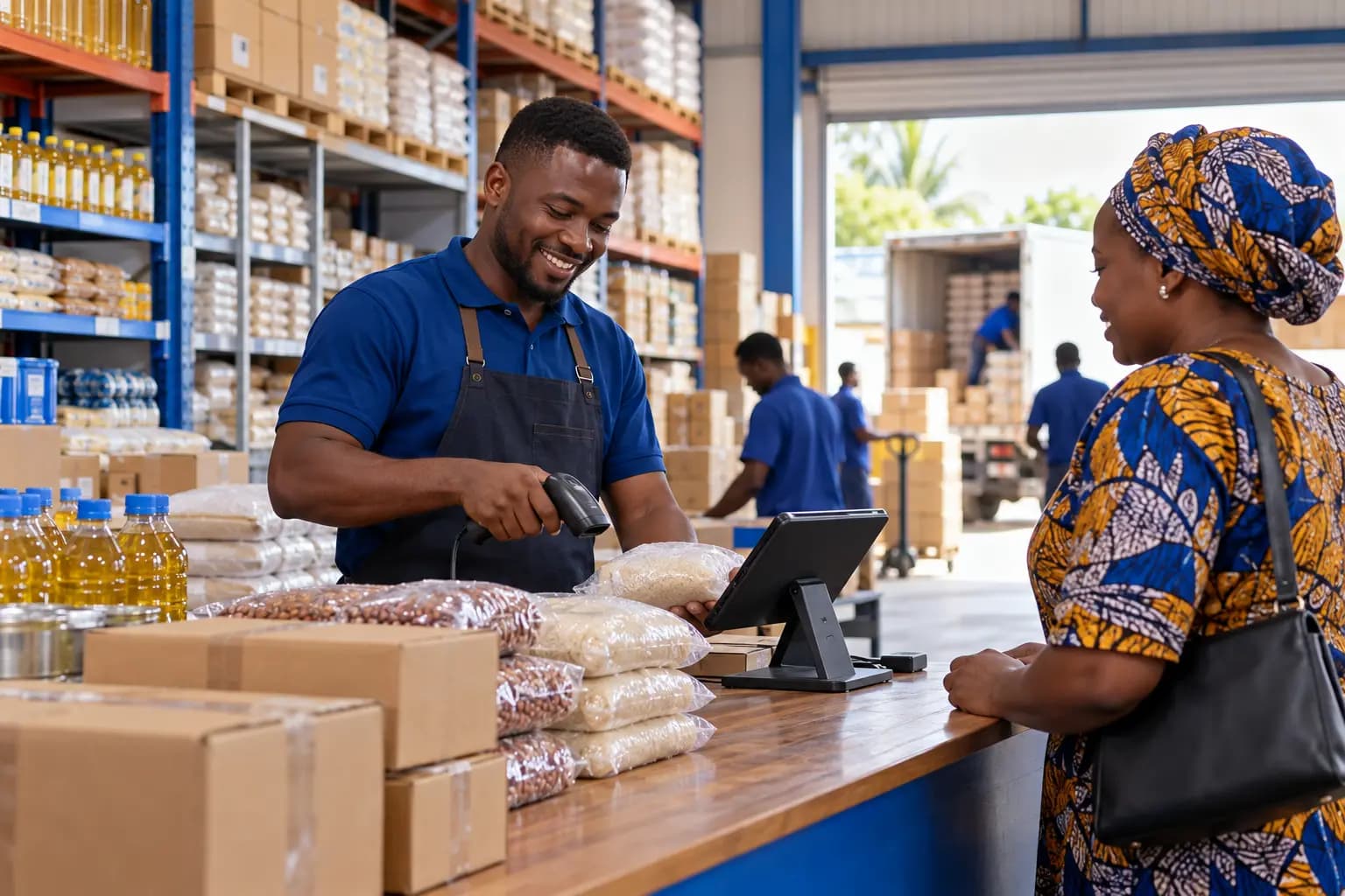 Tanzanian wholesale retailer reviewing stock with a business buyer
