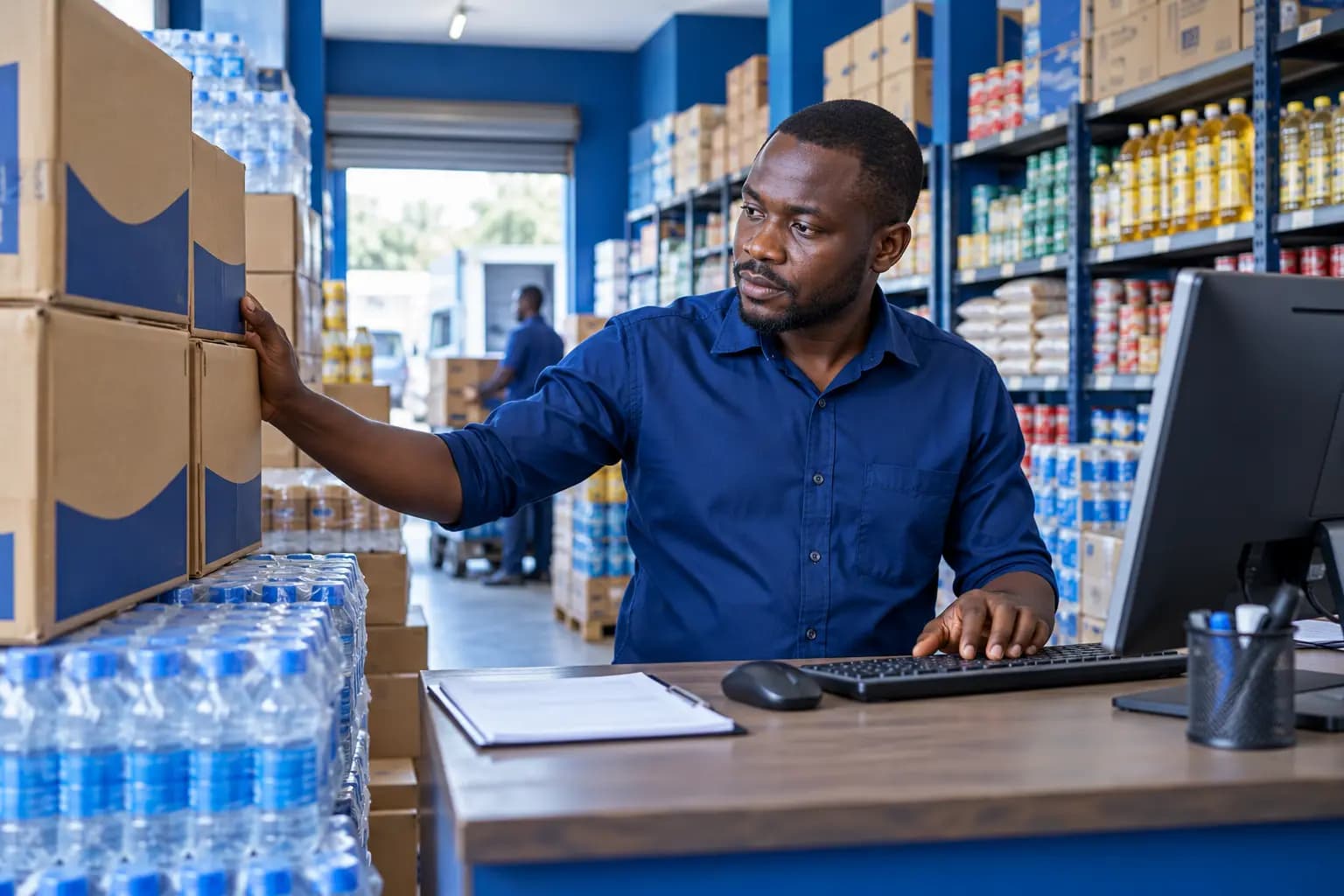 Tanzanian wholesale retailer reviewing stock with a business buyer